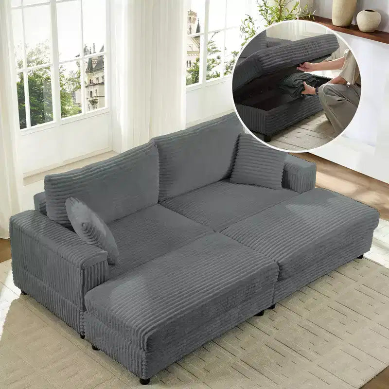 Mjkone Chaise Longue 2 Posti in Velluto a Coste con Pouf Contenitore e Bracciolo, Divanetto Imbottito Trasformabile Letto da Interno