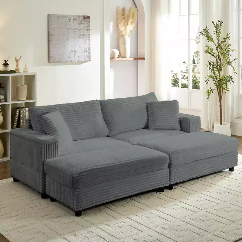 Mjkone Chaise Longue 2 Posti in Velluto a Coste con Pouf Contenitore e Bracciolo, Divanetto Imbottito Trasformabile Letto da Interno