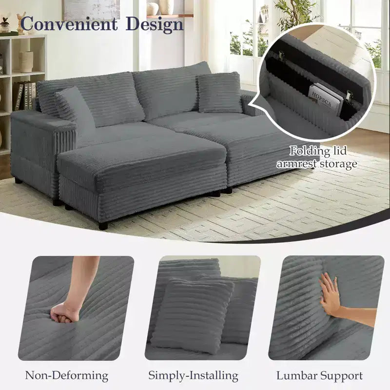 Mjkone Chaise Longue 2 Posti in Velluto a Coste con Pouf Contenitore e Bracciolo, Divanetto Imbottito Trasformabile Letto da Interno