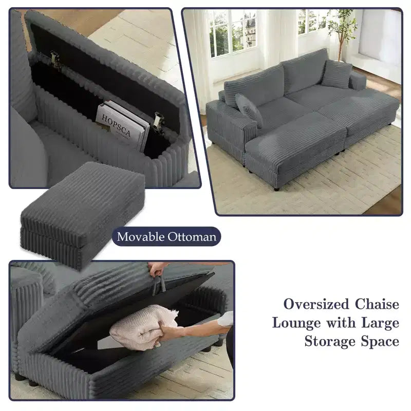 Mjkone Chaise Longue 2 Posti in Velluto a Coste con Pouf Contenitore e Bracciolo, Divanetto Imbottito Trasformabile Letto da Interno