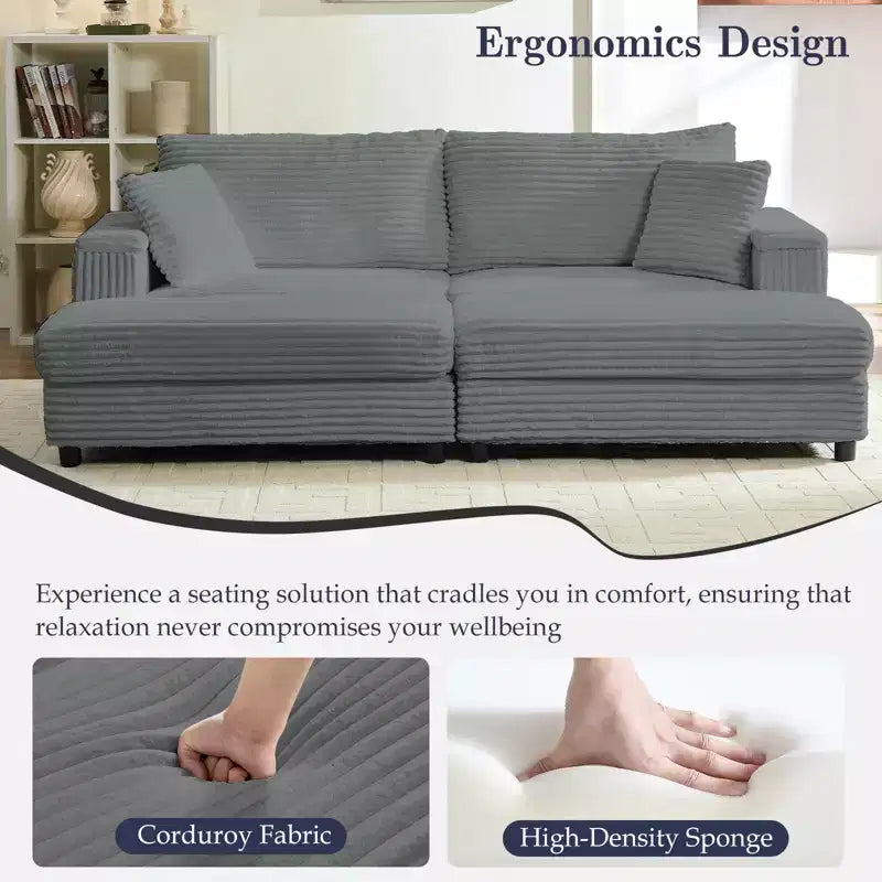 Mjkone Chaise Longue 2 Posti in Velluto a Coste con Pouf Contenitore e Bracciolo, Divanetto Imbottito Trasformabile Letto da Interno