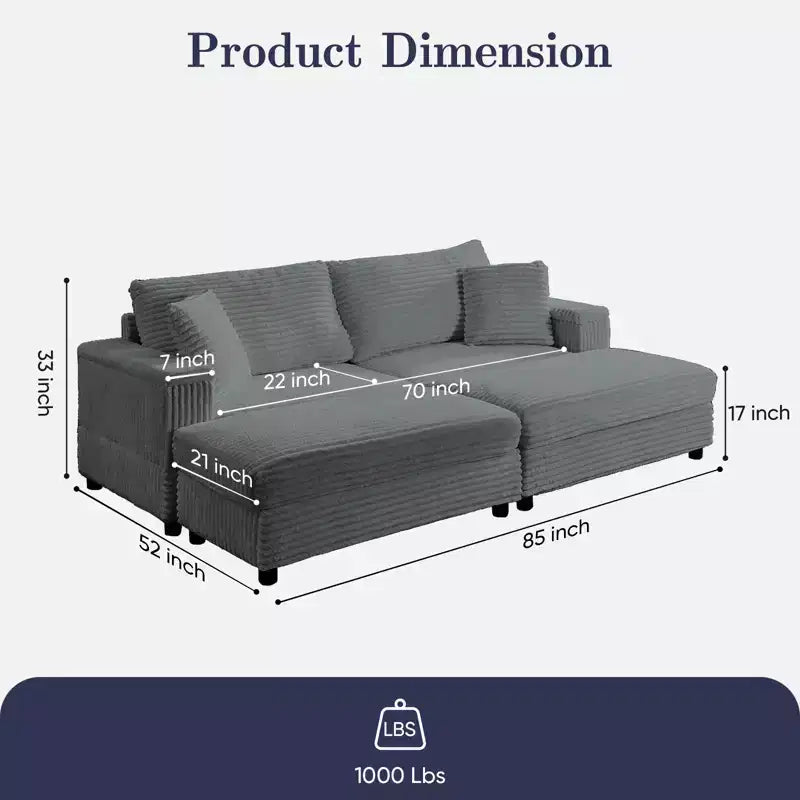 Mjkone Chaise Longue 2 Posti in Velluto a Coste con Pouf Contenitore e Bracciolo, Divanetto Imbottito Trasformabile Letto da Interno