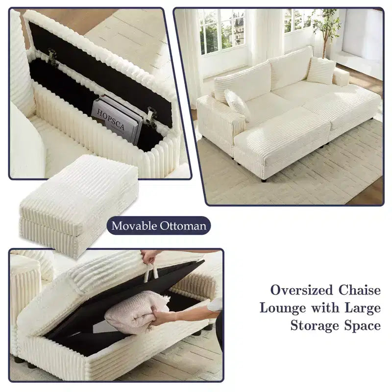 Mjkone Chaise Longue 2 Posti in Velluto a Coste con Pouf Contenitore e Bracciolo, Divanetto Imbottito Trasformabile Letto da Interno