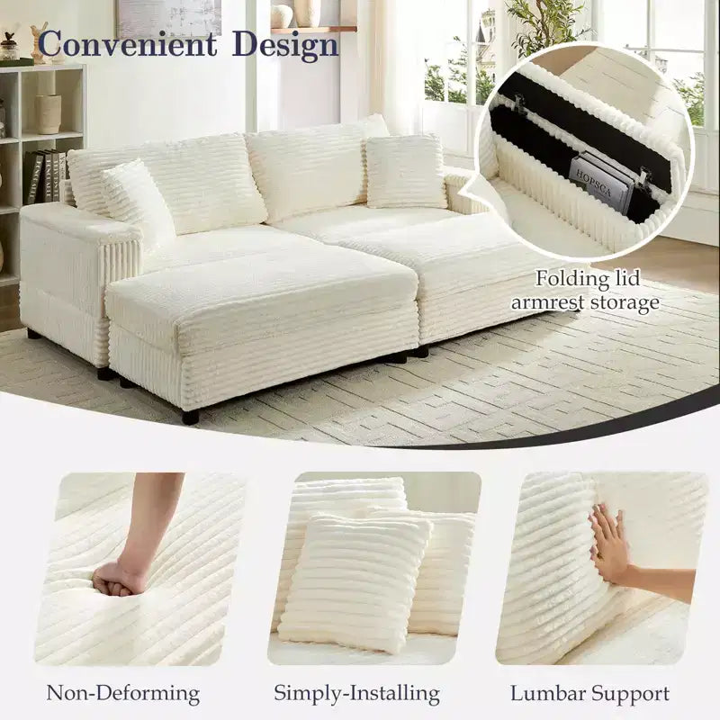 Mjkone Chaise Longue 2 Posti in Velluto a Coste con Pouf Contenitore e Bracciolo, Divanetto Imbottito Trasformabile Letto da Interno