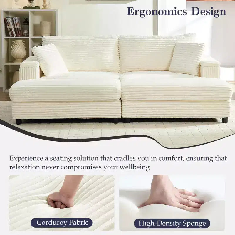 Mjkone Chaise Longue 2 Posti in Velluto a Coste con Pouf Contenitore e Bracciolo, Divanetto Imbottito Trasformabile Letto da Interno
