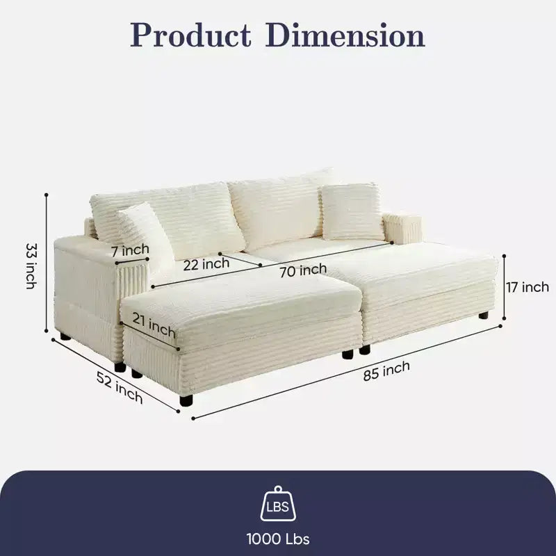 Mjkone Chaise Longue 2 Posti in Velluto a Coste con Pouf Contenitore e Bracciolo, Divanetto Imbottito Trasformabile Letto da Interno