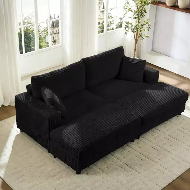 Mjkone Chaise Longue 2 Posti in Velluto a Coste con Pouf Contenitore e Bracciolo, Divanetto Imbottito Trasformabile Letto da Interno