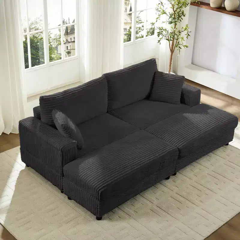 Mjkone Chaise Longue 2 Posti in Velluto a Coste con Pouf Contenitore e Bracciolo, Divanetto Imbottito Trasformabile Letto da Interno