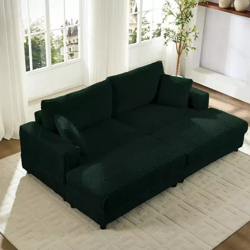 Mjkone Chaise Longue 2 Posti in Velluto a Coste con Pouf Contenitore e Bracciolo, Divanetto Imbottito Trasformabile Letto da Interno