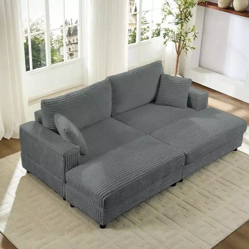Mjkone Chaise Longue 2 Posti in Velluto a Coste con Pouf Contenitore e Bracciolo, Divanetto Imbottito Trasformabile Letto da Interno