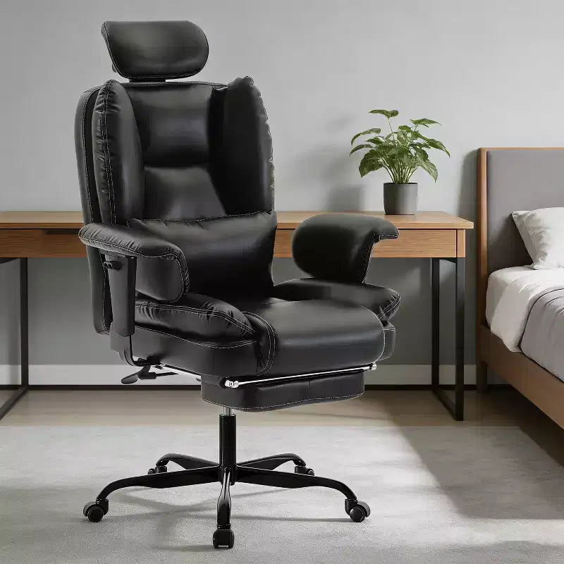 Chaise de bureau en cuir PU Fauteuil d'ordinateur avec soutien lombaire et dossier haut, Chaise de bureau ergonomique avec appui-tête relevable