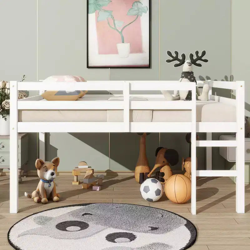 MAYEERTY Rubber Woood Loft Bed with Safety Ladder White