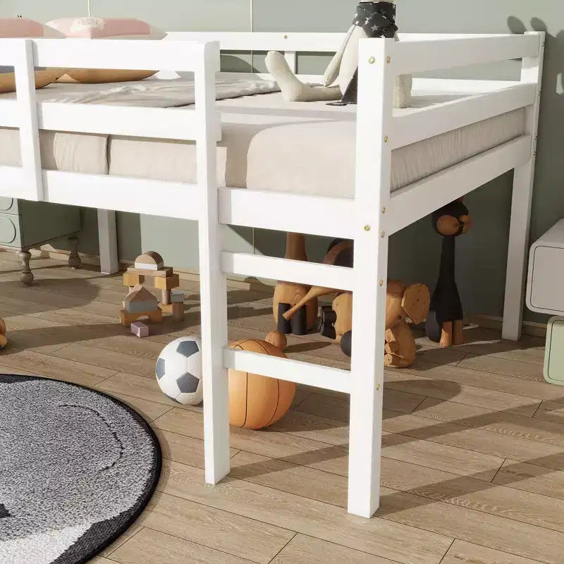 MAYEERTY Letto a soppalco in legno di gomma con scaletta di sicurezza Bianco