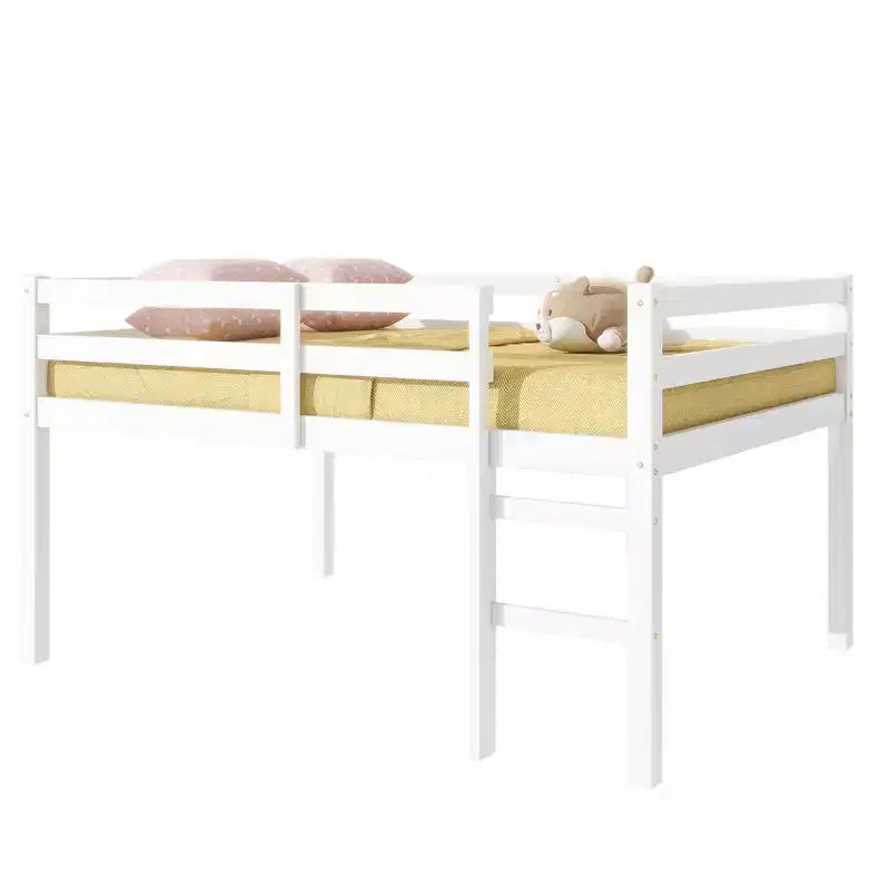 MAYEERTY Letto a soppalco in legno di gomma con scaletta di sicurezza Bianco