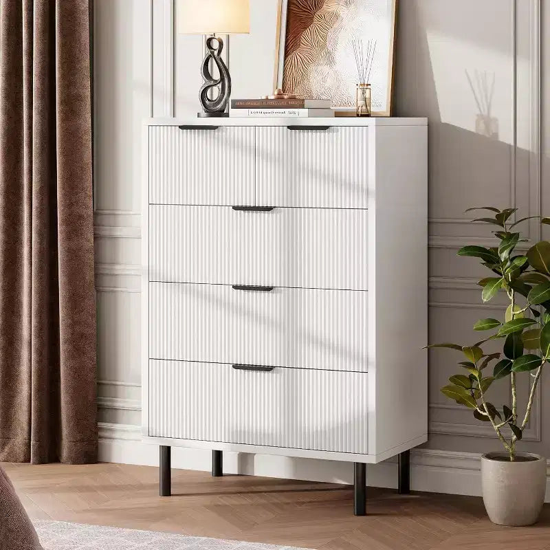 DobleePy 5-Drawer White Fluted Dresser, Modern Tall Chest with Metal Legs for Bedroom, Living Room, Home Office, Hallway