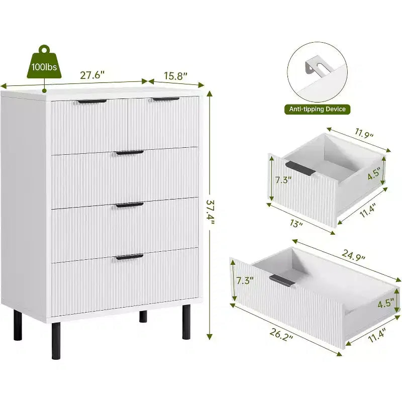 Commode à 5 tiroirs DobleePy blanche cannelée, commode haute moderne avec pieds en métal pour chambre, salon, bureau à domicile, couloir