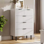Commode à 5 tiroirs DobleePy blanche cannelée, commode haute moderne avec pieds en métal pour chambre, salon, bureau à domicile, couloir