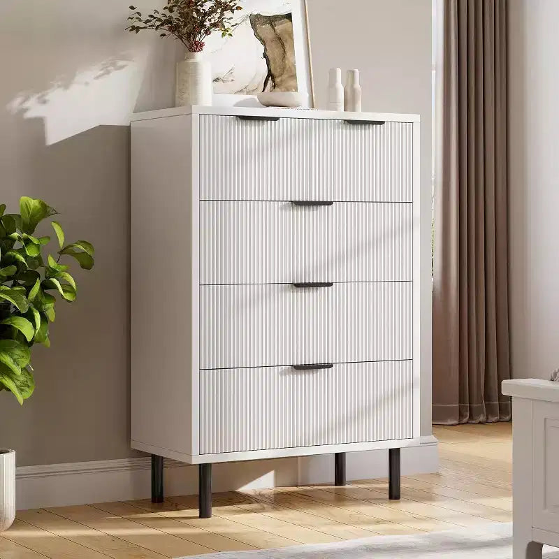 Commode à 5 tiroirs DobleePy blanche cannelée, commode haute moderne avec pieds en métal pour chambre, salon, bureau à domicile, couloir