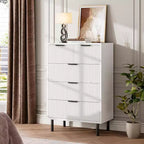 Commode à 5 tiroirs DobleePy blanche cannelée, commode haute moderne avec pieds en métal pour chambre, salon, bureau à domicile, couloir