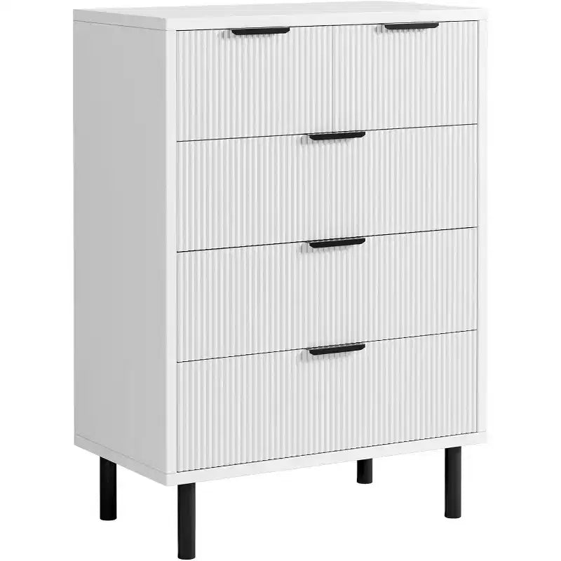 Commode à 5 tiroirs DobleePy blanche cannelée, commode haute moderne avec pieds en métal pour chambre, salon, bureau à domicile, couloir
