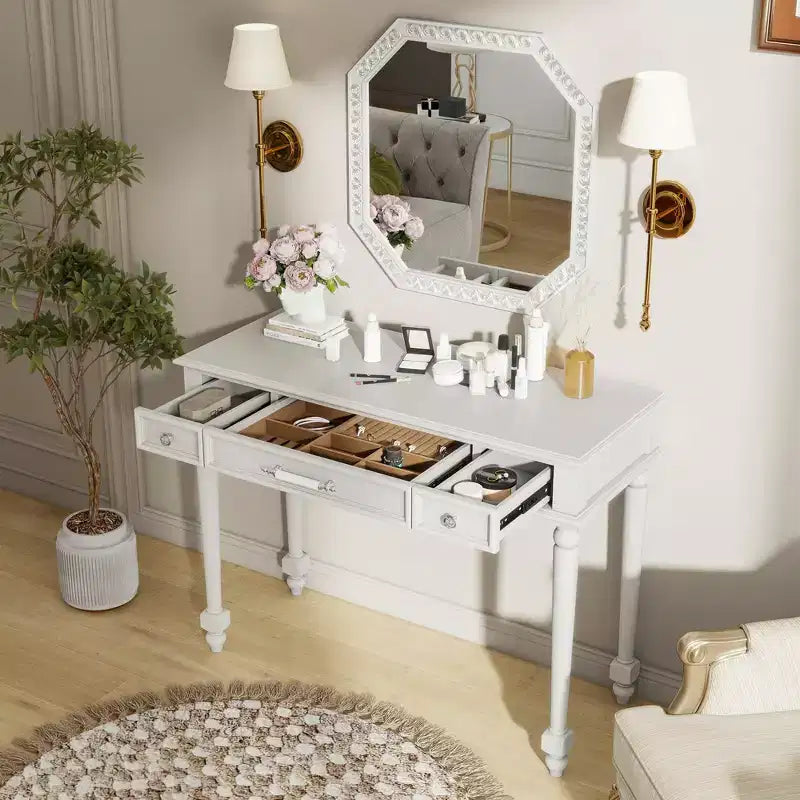 Coiffeuse ModernLuxe avec miroir, tiroirs et plateau de rangement pour bijoux, table de maquillage blanche, coiffeuse peu encombrante