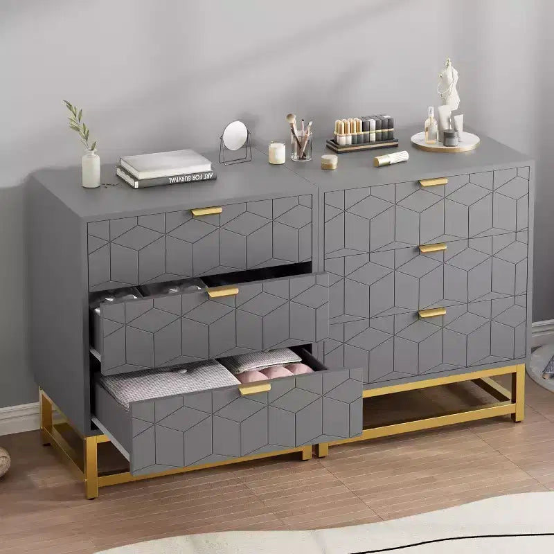 Acekool Cassettiera a 3 Cassetti, Comò Moderno con Gambe in Metallo Dorato, Mobile Contenitore Intagliato per Camera da Letto, Soggiorno, Ingresso