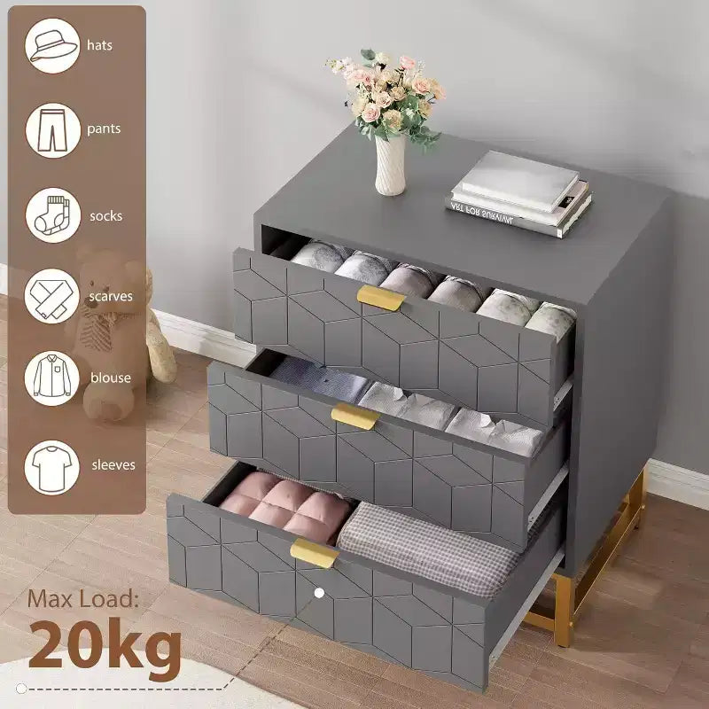 Acekool Cassettiera a 3 Cassetti, Comò Moderno con Gambe in Metallo Dorato, Mobile Contenitore Intagliato per Camera da Letto, Soggiorno, Ingresso