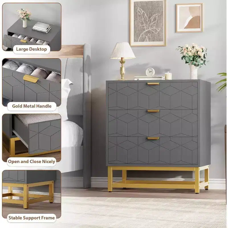 Acekool Cassettiera a 3 Cassetti, Comò Moderno con Gambe in Metallo Dorato, Mobile Contenitore Intagliato per Camera da Letto, Soggiorno, Ingresso