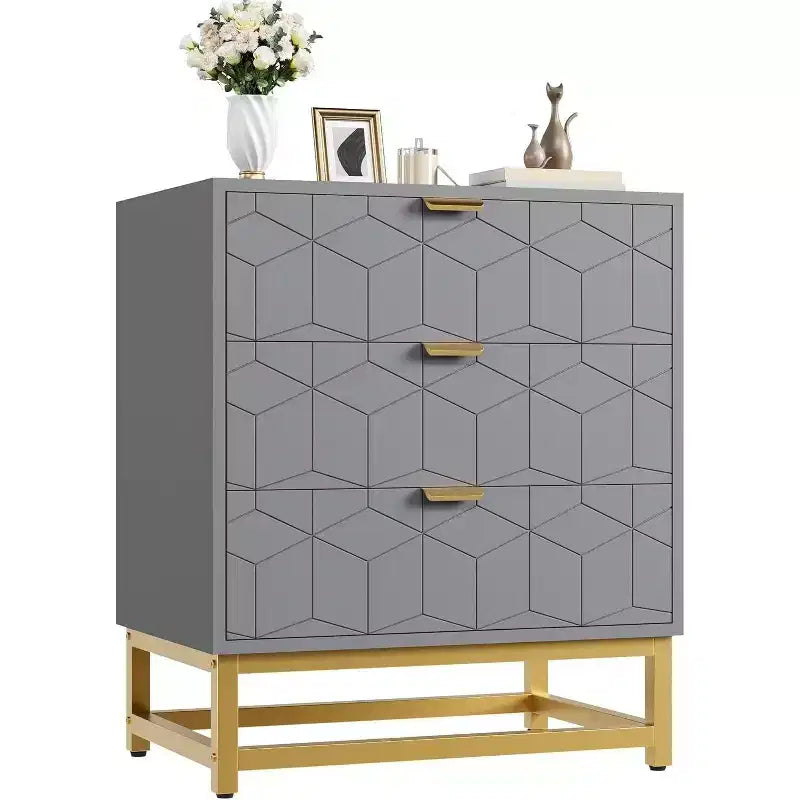 Acekool Cassettiera a 3 Cassetti, Comò Moderno con Gambe in Metallo Dorato, Mobile Contenitore Intagliato per Camera da Letto, Soggiorno, Ingresso