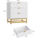 Acekool Cassettiera a 3 Cassetti, Comò Moderno con Gambe in Metallo Dorato, Mobile Contenitore Intagliato per Camera da Letto, Soggiorno, Ingresso