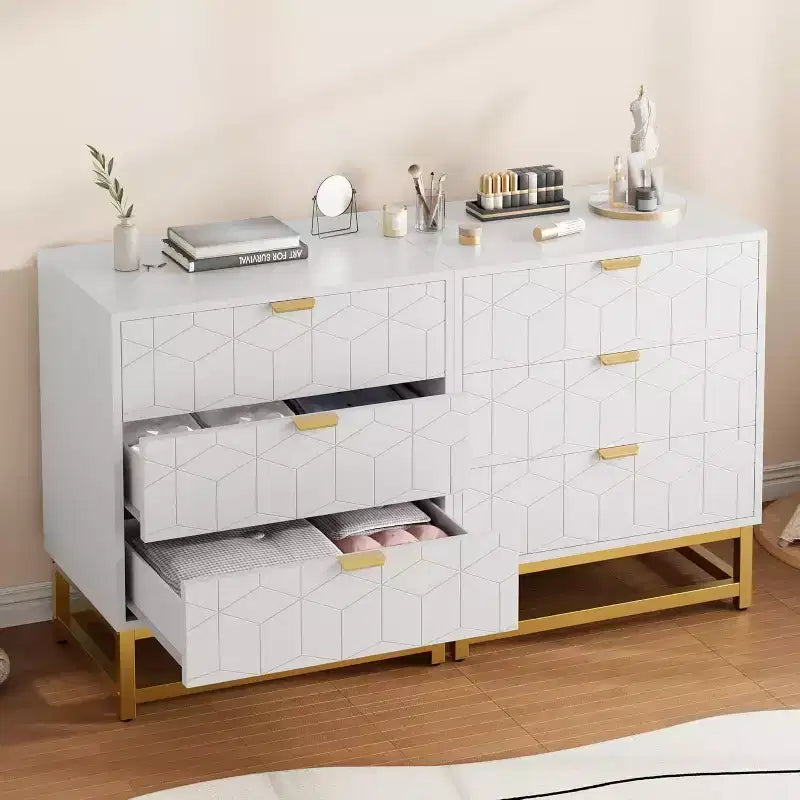 Acekool Cassettiera a 3 Cassetti, Comò Moderno con Gambe in Metallo Dorato, Mobile Contenitore Intagliato per Camera da Letto, Soggiorno, Ingresso