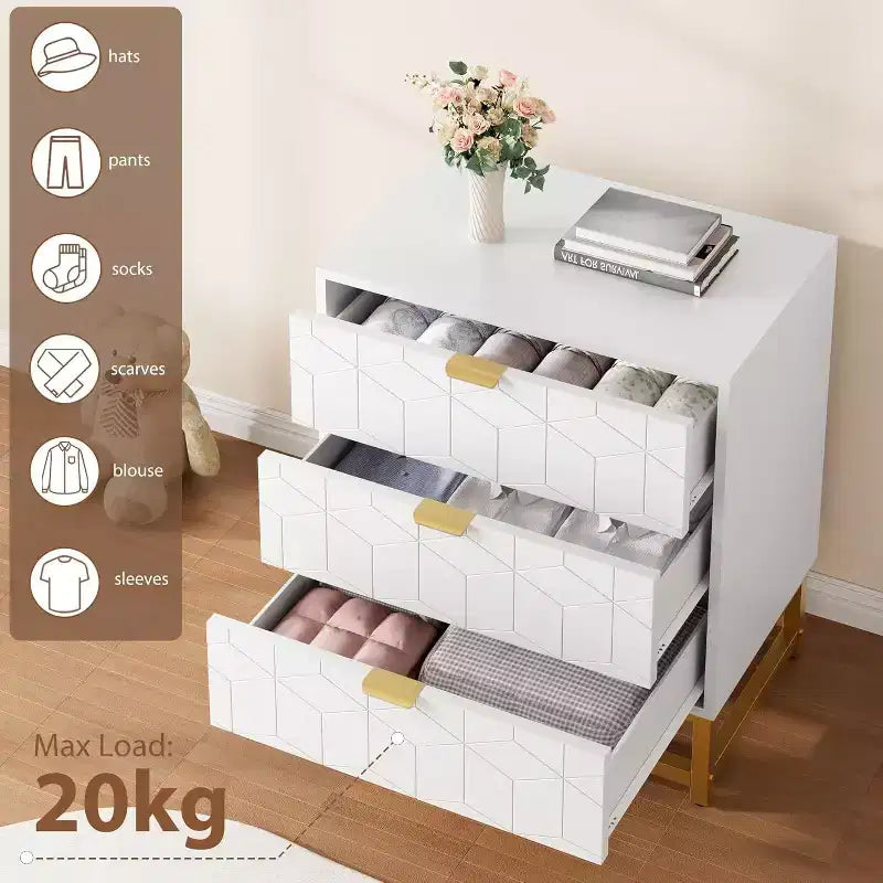 Acekool Cassettiera a 3 Cassetti, Comò Moderno con Gambe in Metallo Dorato, Mobile Contenitore Intagliato per Camera da Letto, Soggiorno, Ingresso