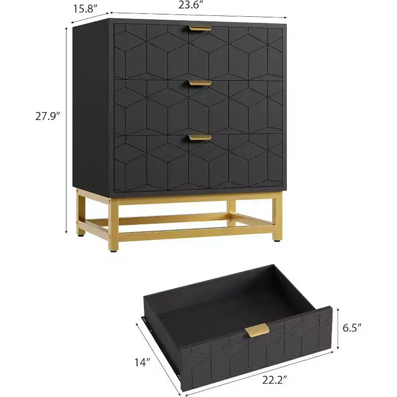 Acekool Cassettiera a 3 Cassetti, Comò Moderno con Gambe in Metallo Dorato, Mobile Contenitore Intagliato per Camera da Letto, Soggiorno, Ingresso