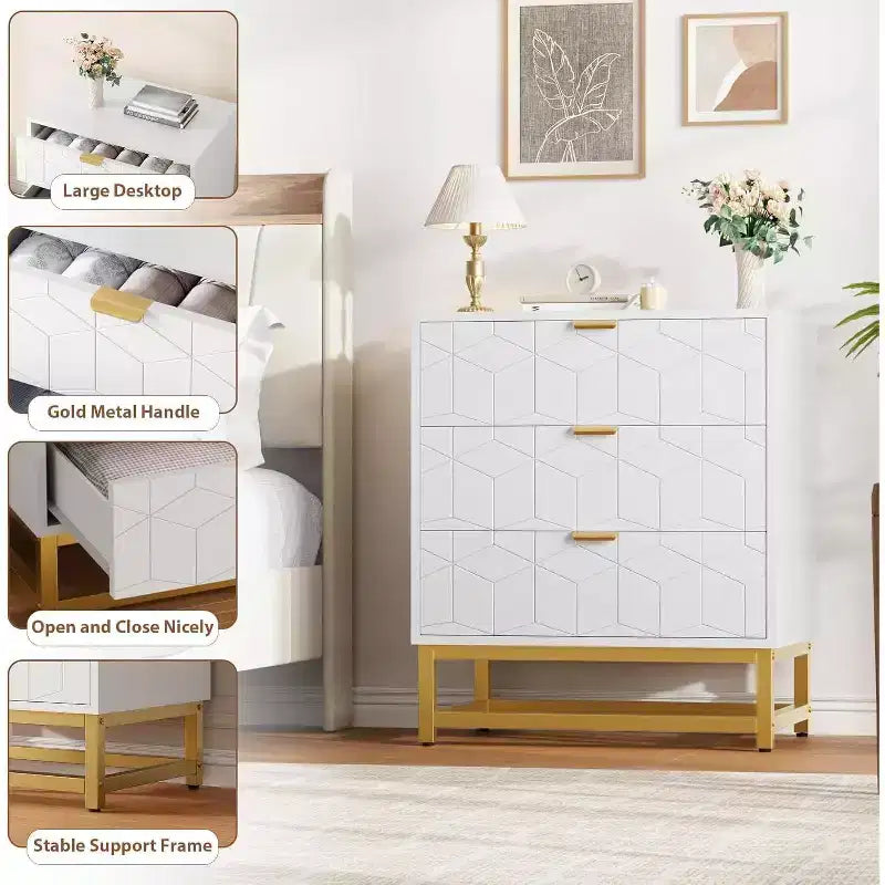 Acekool Cassettiera a 3 Cassetti, Comò Moderno con Gambe in Metallo Dorato, Mobile Contenitore Intagliato per Camera da Letto, Soggiorno, Ingresso