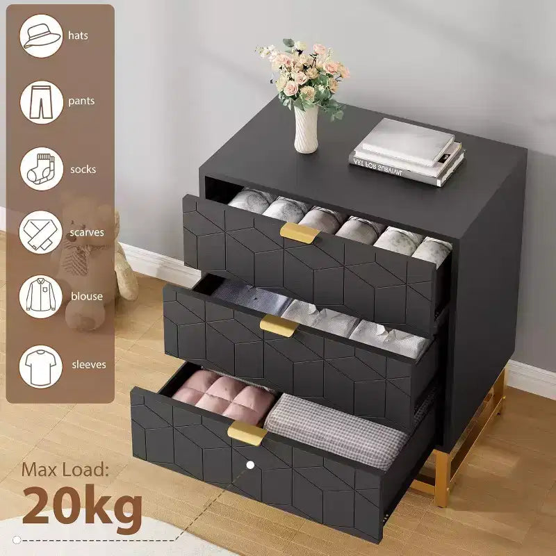 Acekool Cassettiera a 3 Cassetti, Comò Moderno con Gambe in Metallo Dorato, Mobile Contenitore Intagliato per Camera da Letto, Soggiorno, Ingresso
