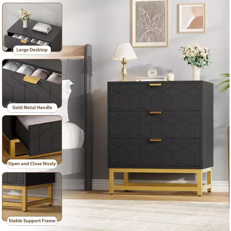 Acekool Cassettiera a 3 Cassetti, Comò Moderno con Gambe in Metallo Dorato, Mobile Contenitore Intagliato per Camera da Letto, Soggiorno, Ingresso