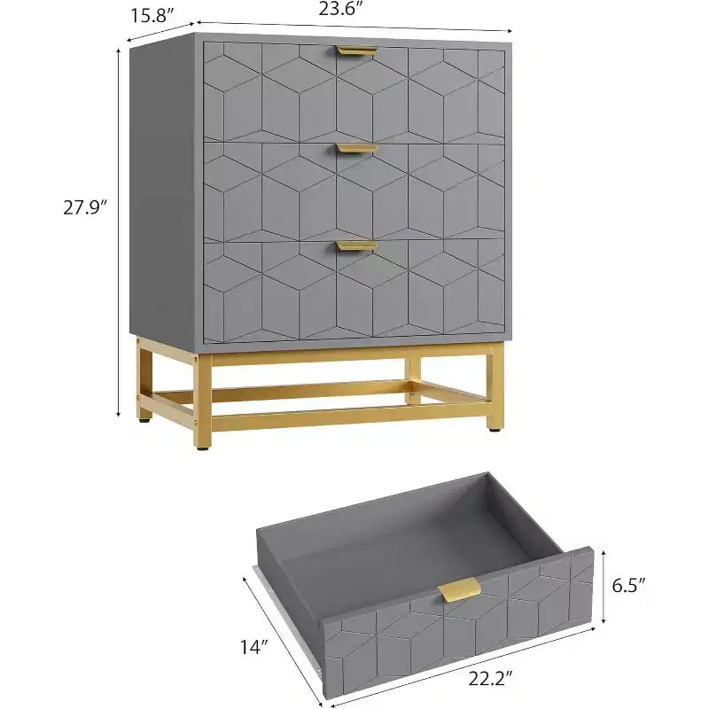 Acekool Cassettiera a 3 Cassetti, Comò Moderno con Gambe in Metallo Dorato, Mobile Contenitore Intagliato per Camera da Letto, Soggiorno, Ingresso