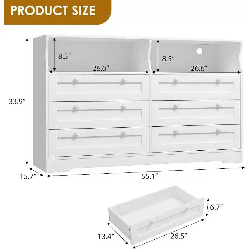Acekool Cassettiera a 6 cassetti da 55 pollici con presa di corrente e luci a LED, grande cassettiera moderna, mobile TV ampio per camera da letto, soggiorno, corridoio