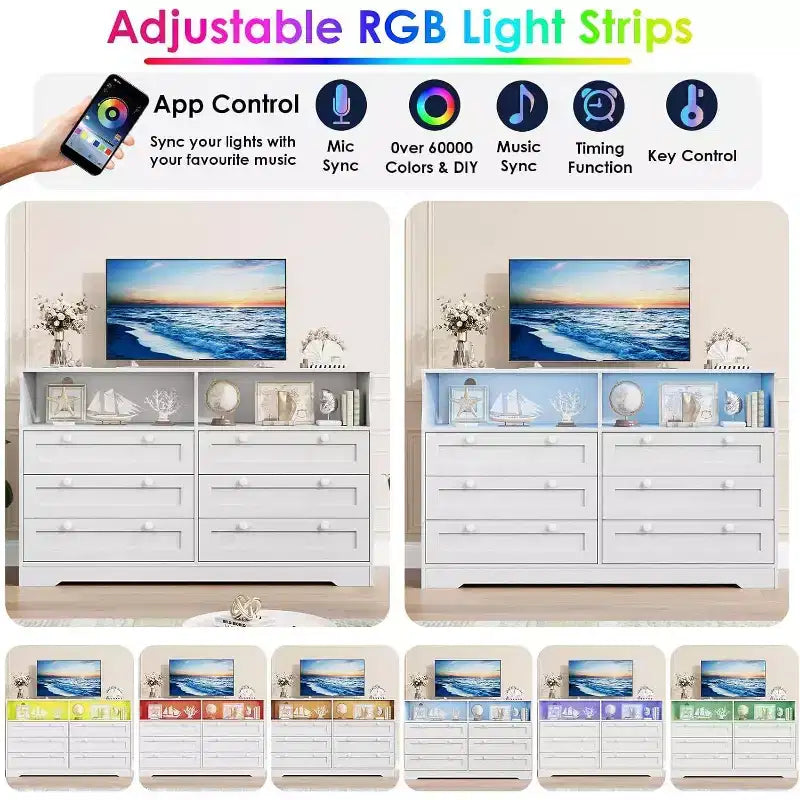Acekool Cassettiera a 6 cassetti da 55 pollici con presa di corrente e luci a LED, grande cassettiera moderna, mobile TV ampio per camera da letto, soggiorno, corridoio