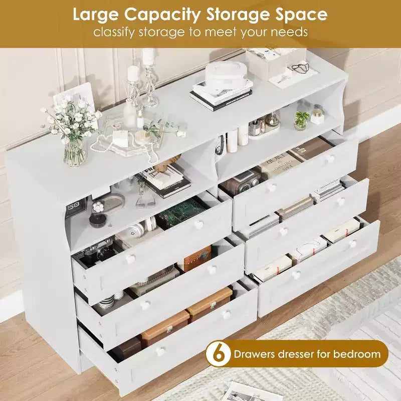 Acekool Cassettiera a 6 cassetti da 55 pollici con presa di corrente e luci a LED, grande cassettiera moderna, mobile TV ampio per camera da letto, soggiorno, corridoio