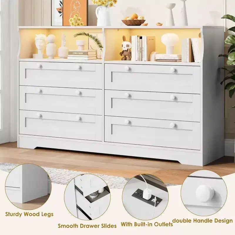 Acekool Cassettiera a 6 cassetti da 55 pollici con presa di corrente e luci a LED, grande cassettiera moderna, mobile TV ampio per camera da letto, soggiorno, corridoio