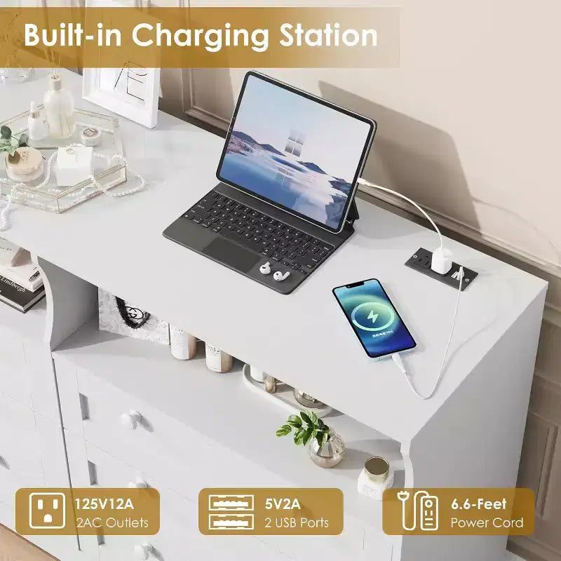 Acekool Cassettiera a 6 cassetti da 55 pollici con presa di corrente e luci a LED, grande cassettiera moderna, mobile TV ampio per camera da letto, soggiorno, corridoio