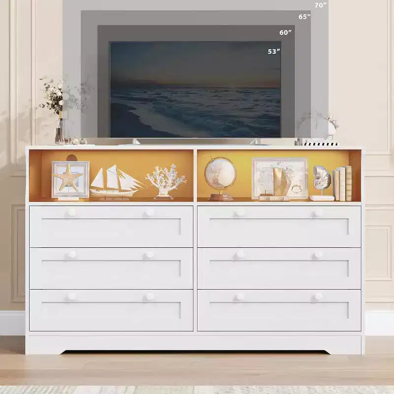 Acekool Cassettiera a 6 cassetti da 55 pollici con presa di corrente e luci a LED, grande cassettiera moderna, mobile TV ampio per camera da letto, soggiorno, corridoio