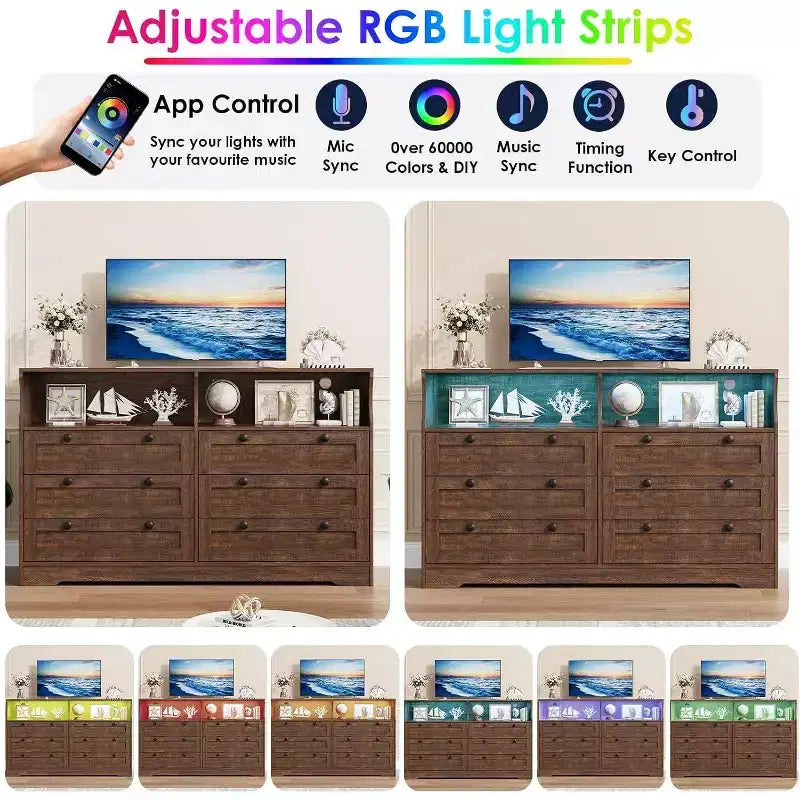 Acekool Cassettiera a 6 cassetti da 55 pollici con presa di corrente e luci a LED, grande cassettiera moderna, mobile TV ampio per camera da letto, soggiorno, corridoio