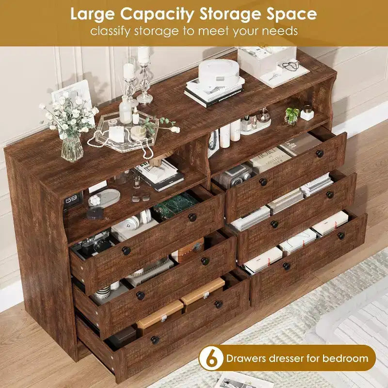 Acekool Cassettiera a 6 cassetti da 55 pollici con presa di corrente e luci a LED, grande cassettiera moderna, mobile TV ampio per camera da letto, soggiorno, corridoio