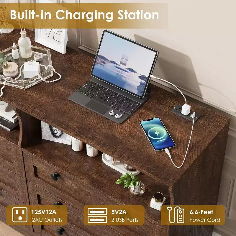 Acekool Cassettiera a 6 cassetti da 55 pollici con presa di corrente e luci a LED, grande cassettiera moderna, mobile TV ampio per camera da letto, soggiorno, corridoio