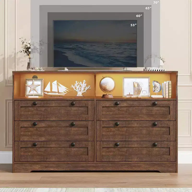 Acekool Cassettiera a 6 cassetti da 55 pollici con presa di corrente e luci a LED, grande cassettiera moderna, mobile TV ampio per camera da letto, soggiorno, corridoio