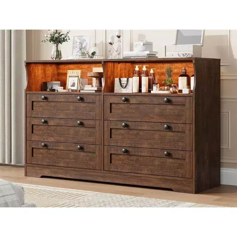 Acekool 55 6 Drawer Dresser with Power Outlet & LED Lights, Large Modern Chest, Wide Dresser TV Stand for Bedroom Living Room Hallway