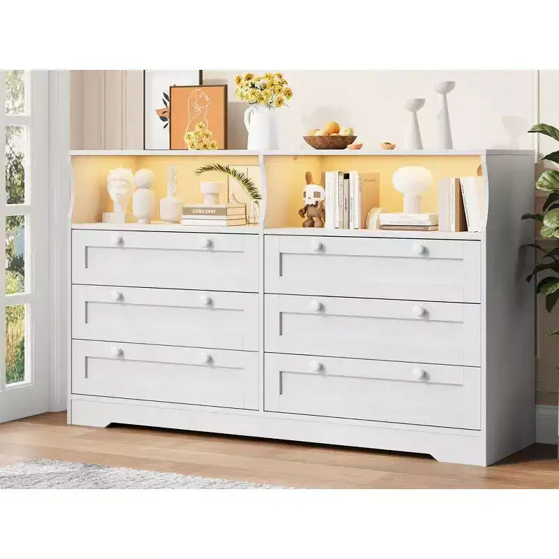 Acekool Cassettiera a 6 cassetti da 55 pollici con presa di corrente e luci a LED, grande cassettiera moderna, mobile TV ampio per camera da letto, soggiorno, corridoio