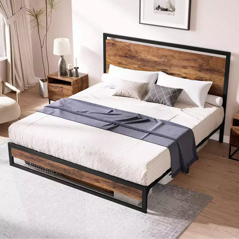 Struttura letto in metallo con testiera e pediera in legno - Base per materasso, facile da montare, silenzioso